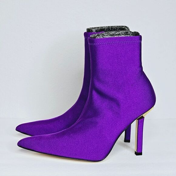 New! Good American Pointed Ankle Sock Shine Neoprene Purple Stiletto Boots - Picture 4 of 15